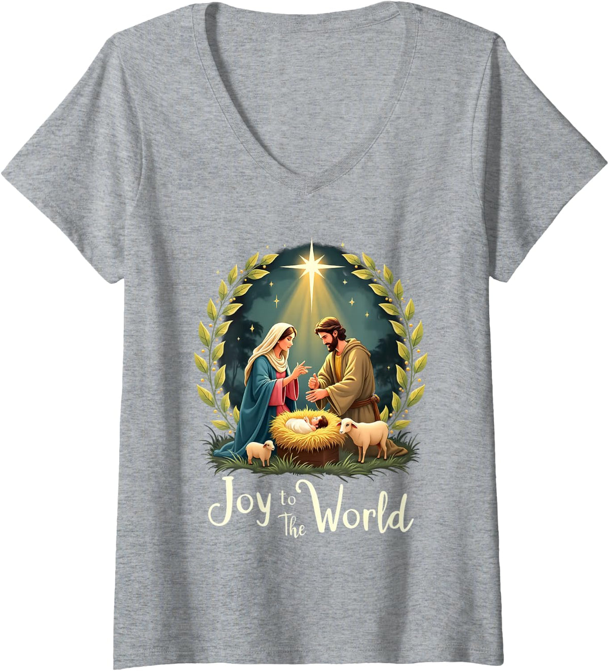 Women's Joy to The World Nativity Christian Birth of Jesus Christmas V-Neck T-Shirt - Heather Grey