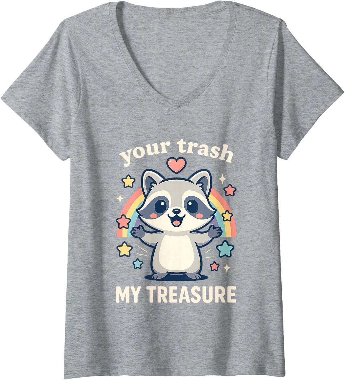 Women's Your Trash My Treasure Funny Raccoon Rainbow Stars V-Neck T-Shirt - Heather Grey