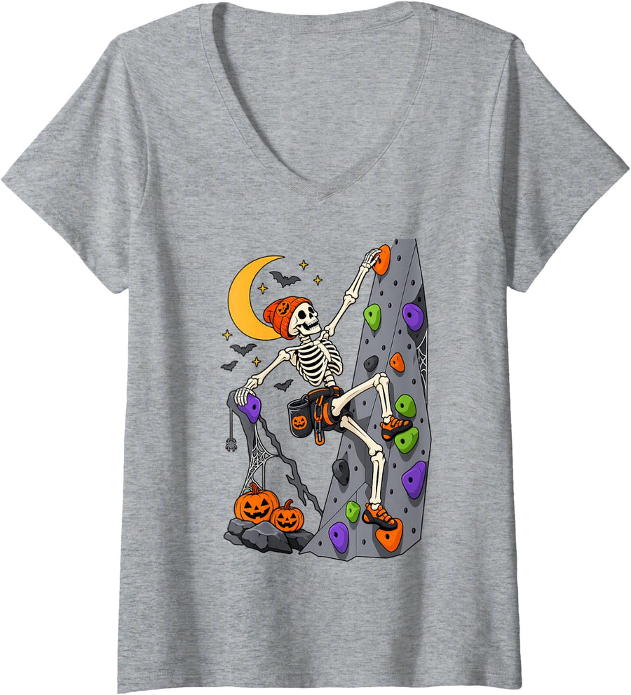 Women's Rock Climbing Skeleton Halloween Bouldering Wall Climber V-Neck T-Shirt - Heather Grey