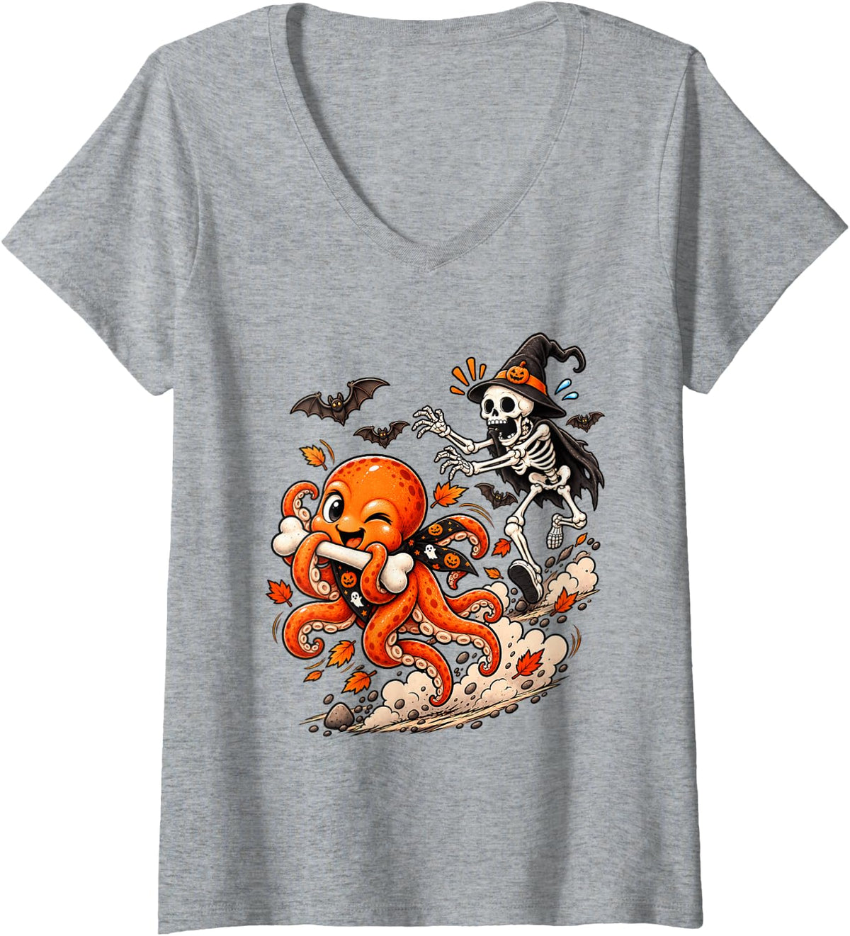 Women's Funny Octopus Chased by Witch Skeleton Halloween Men Women V-Neck T-Shirt - Heather Grey