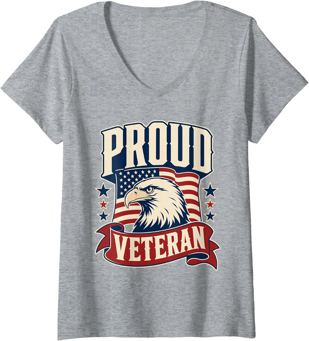 Women's Proud Veteran Bald Eagle Vintage Badge V-Neck T-Shirt - Heather Grey