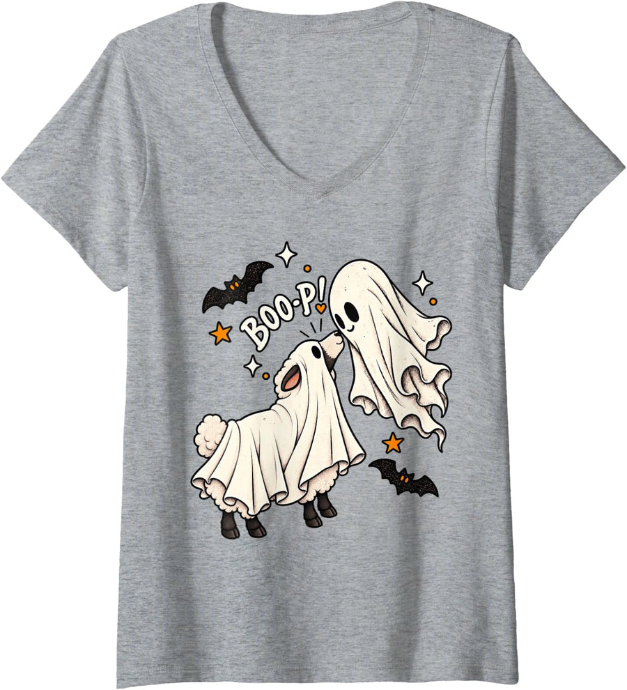 Women's Boo-P Ghost Sheep Nose Boop Halloween Costume Men Women V-Neck T-Shirt - Heather Grey