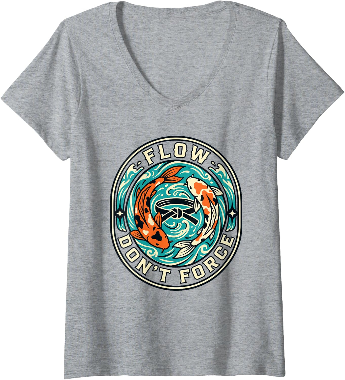 Women's Flow Dont Forge Perseverance Motif Strength Koi Fish Art V-Neck T-Shirt - Heather Grey