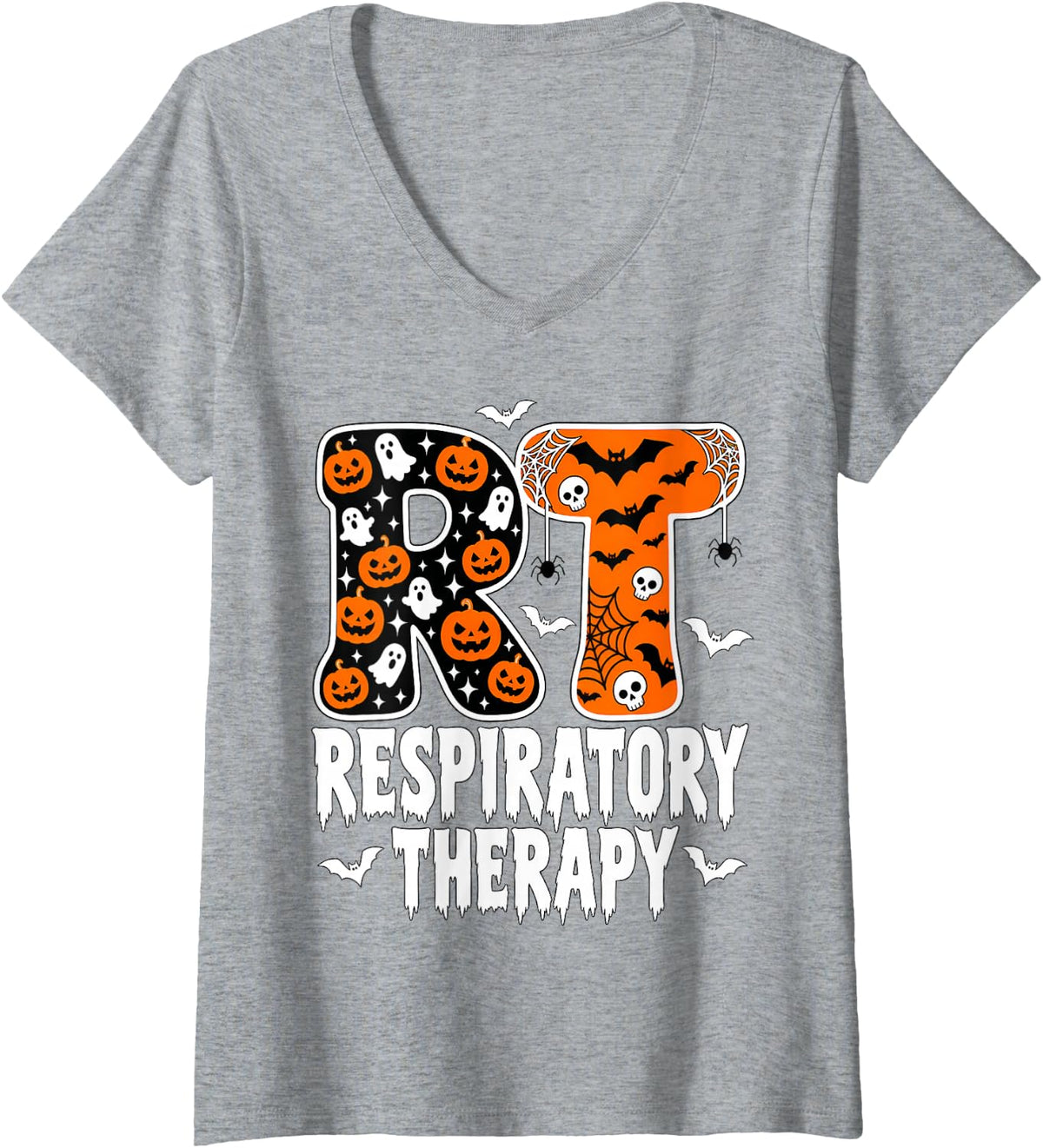 Women's RT Respiratory Therapy Practitioner Nurse Halloween Fall V-Neck T-Shirt - Heather Grey