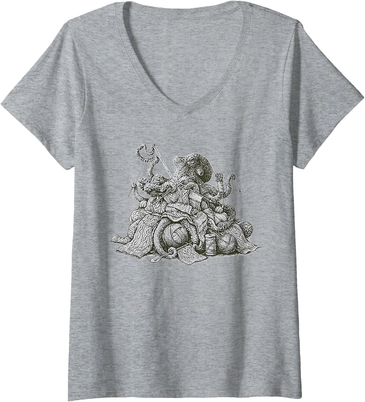 Women's Vintage Octopus Crocheting Knitting Yarn Knitter Crochet V-Neck T-Shirt - Heather Grey