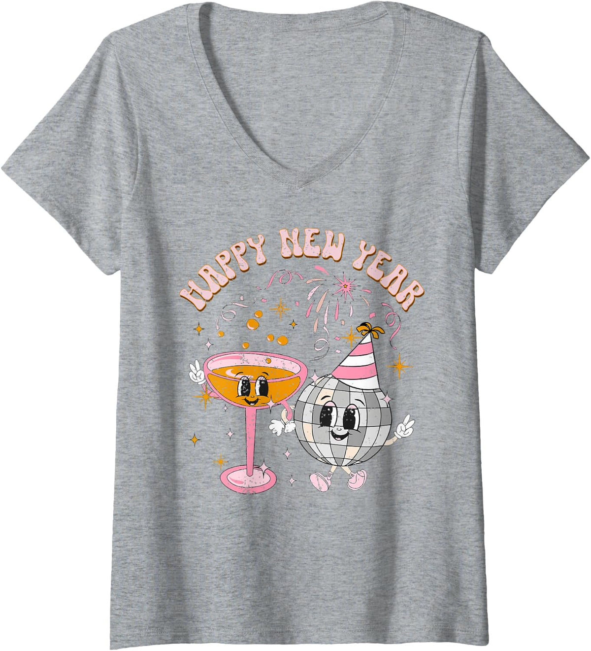 Women's Happy New Year 2025 Disco Ball Wine Glass Cheers Drink Party V-Neck T-Shirt - Heather Grey