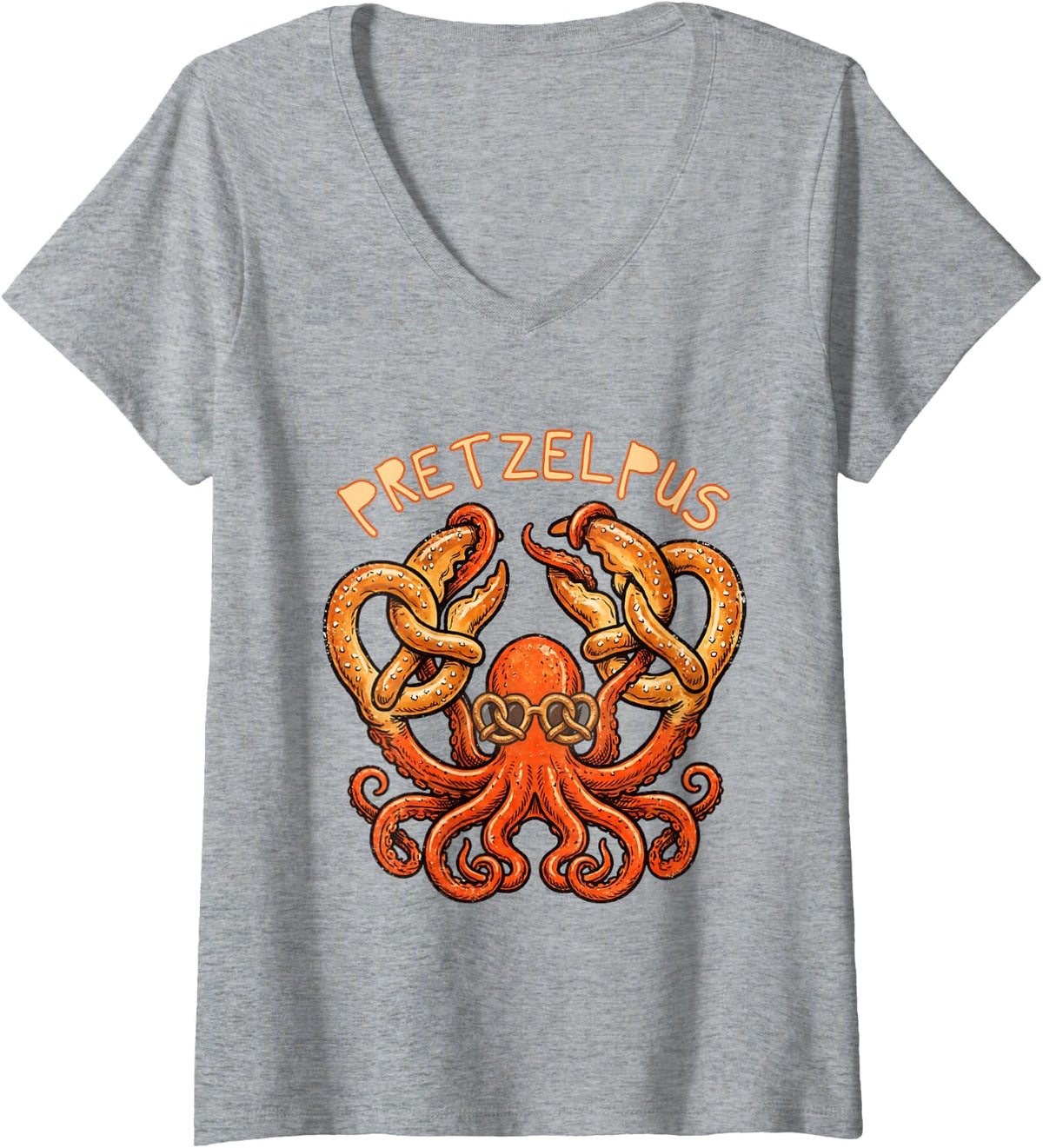 Women's Cute Octopus with German Pretzel Funny V-Neck T-Shirt - Heather Grey