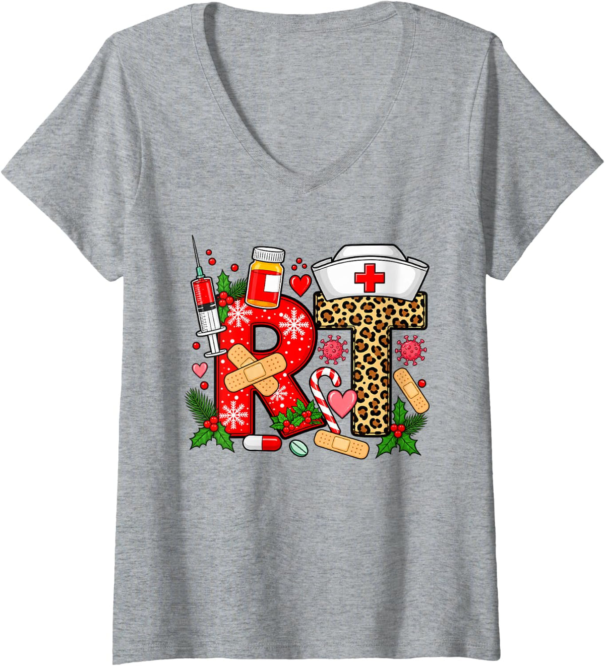 Women's Respiratory Therapist Christmas RT V-Neck T-Shirt - Heather Grey