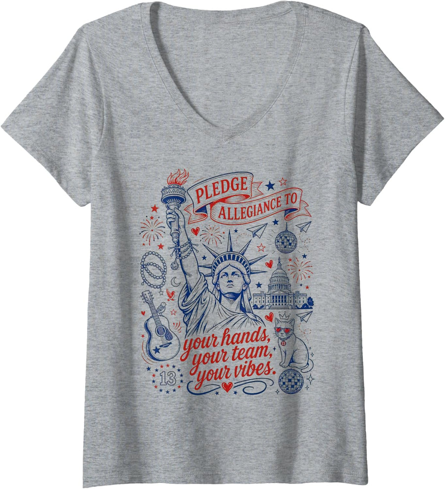 Women's Pledge Allegiance to Your Hands Team Vibes Statue of Liberty V-Neck T-Shirt - Heather Grey