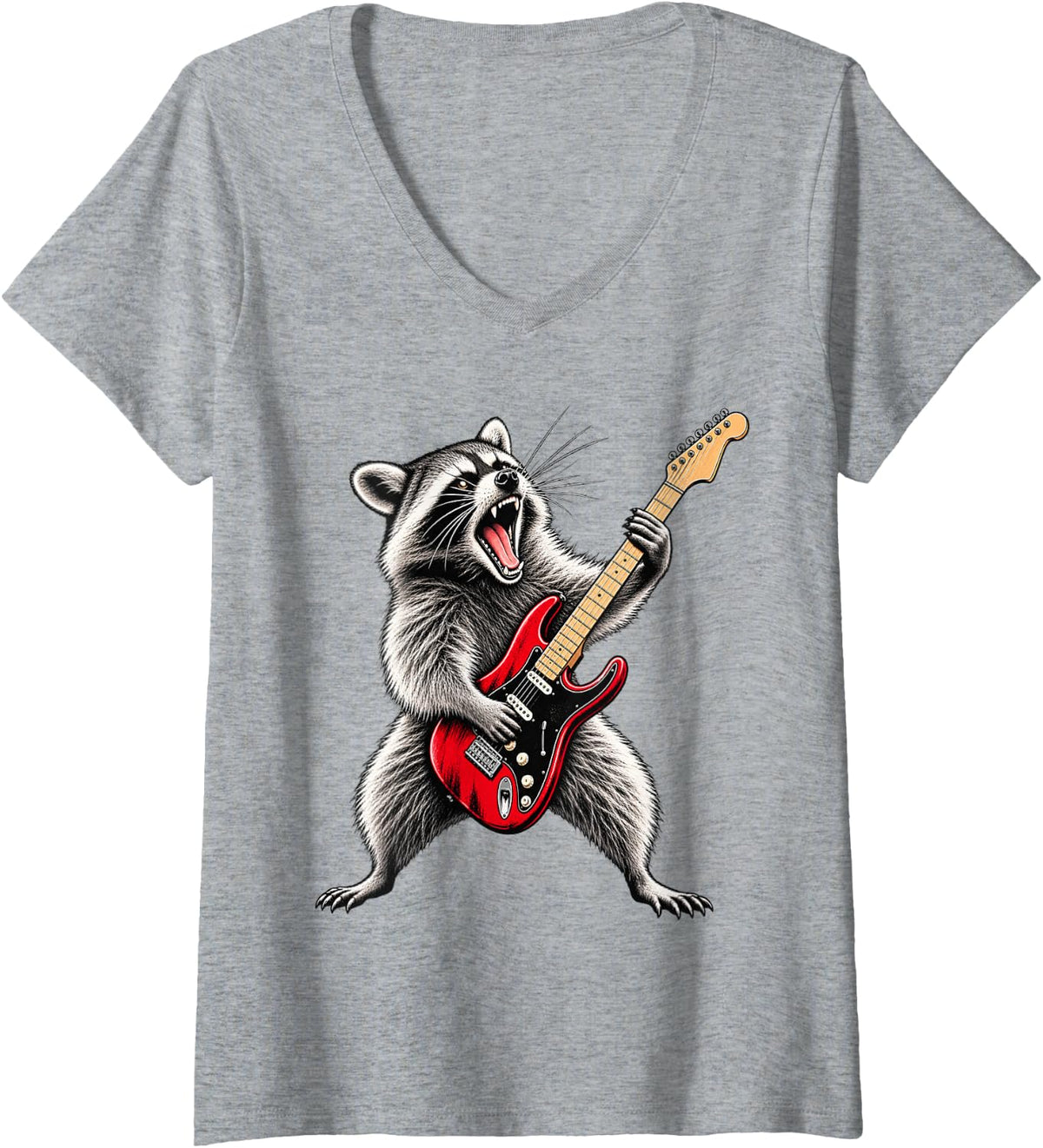 Women's Rock Raccoon Playing Electric Guitar Trash Panda Music Art V-Neck T-Shirt - Heather Grey