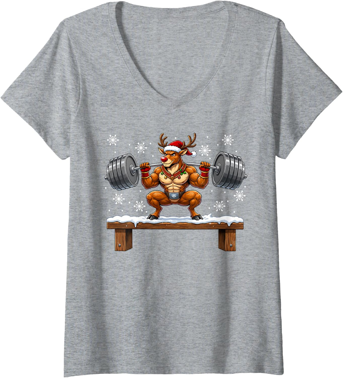 Women's Strong Christmas Reindeer Weightlifting V-Neck T-Shirt - Heather Grey