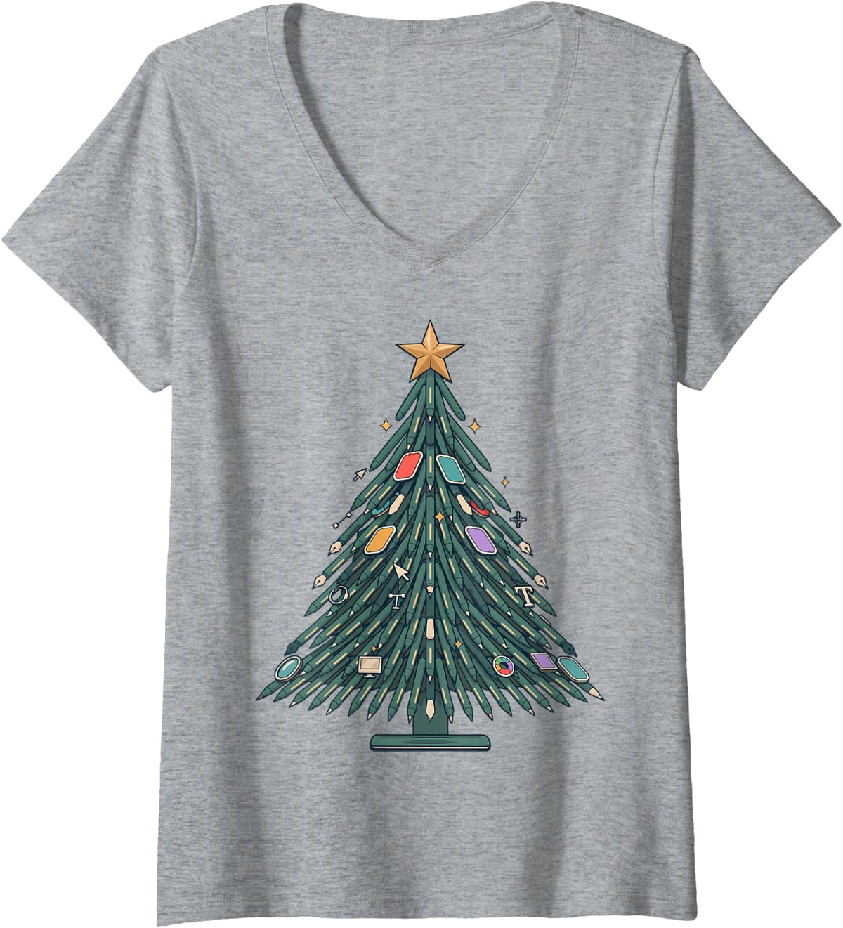 Women's Graphic Designer Christmas Tree V-Neck T-Shirt - Heather Grey