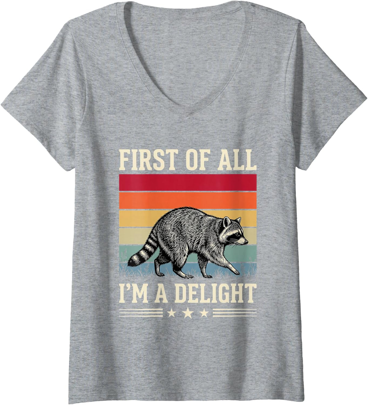 Women's First of All I'm A Delight Funny Sarcastic Raccoon Vintage V-Neck T-Shirt - Heather Grey