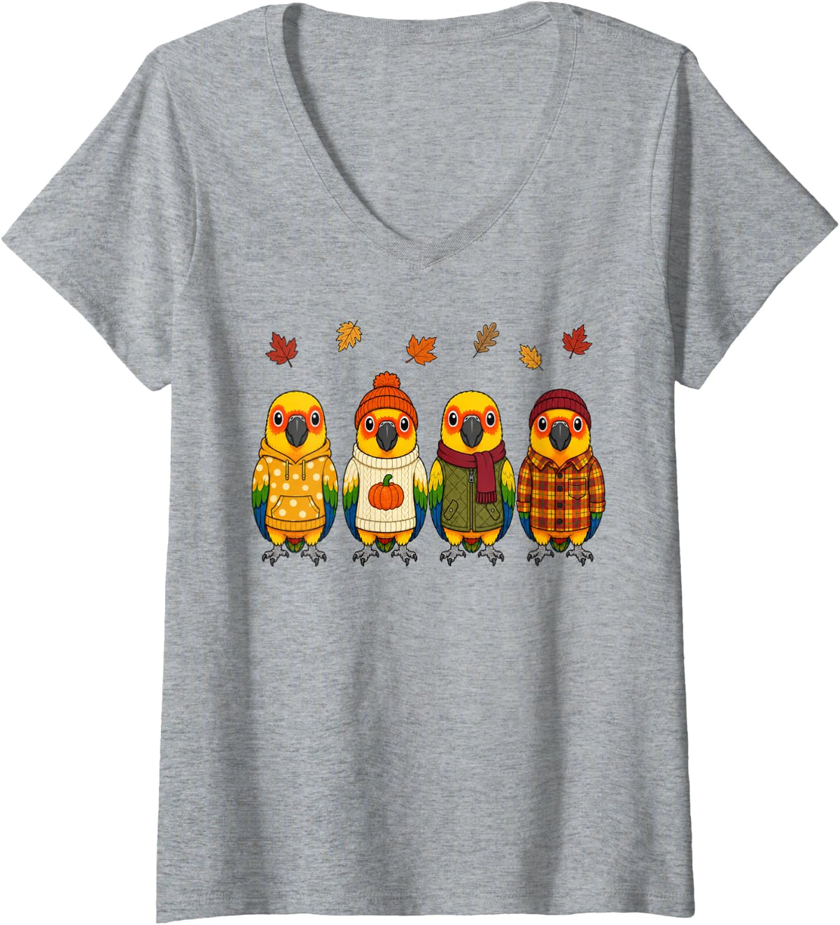 Women's Sun Conure Fall Autumn Season Pumpkin Parrot V-Neck T-Shirt - Heather Grey