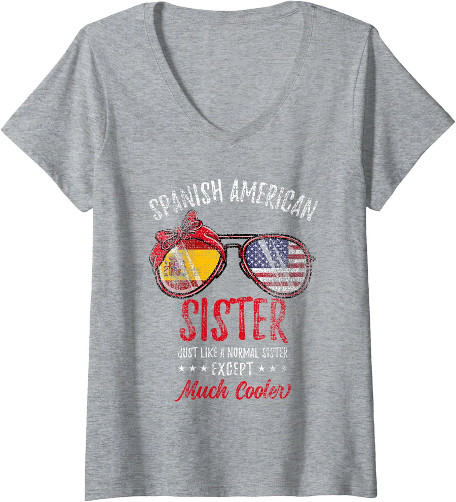 Women's Spanish American Sister Sunglasses Spanish Family Vintage V-Neck T-Shirt - Heather Grey