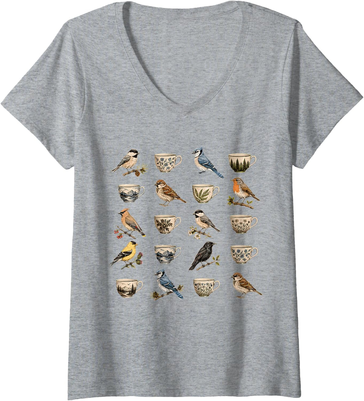 Women's Vintage Birdwatching Songbird Teacup Bird Lover V-Neck T-Shirt - Heather Grey