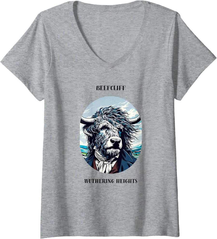 Women's Literary Animals Beefcliff Wuthering Heights V-Neck T-Shirt - Heather Grey