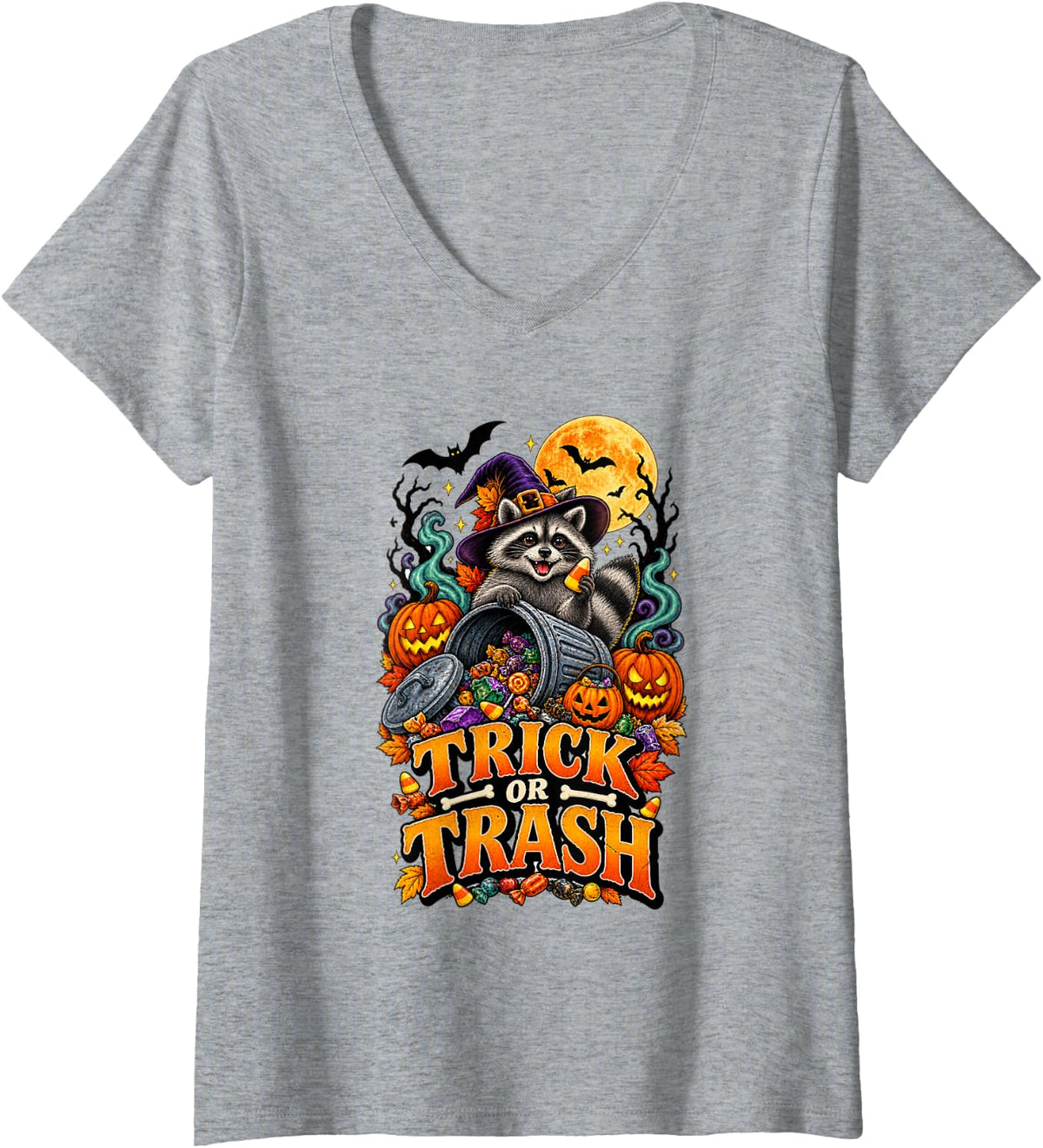 Women's Trick or Trash Funny Raccoon Halloween Witch V-Neck T-Shirt - Heather Grey