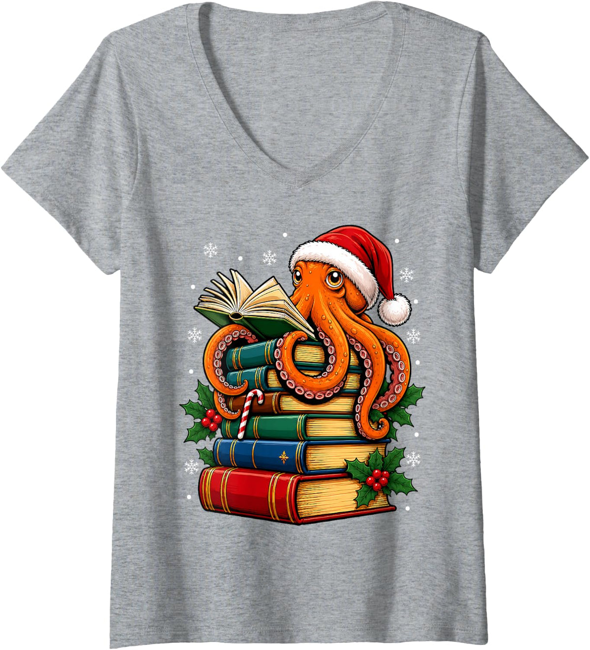 Women's Festive Octopus Christmas Books V-Neck T-Shirt - Heather Grey