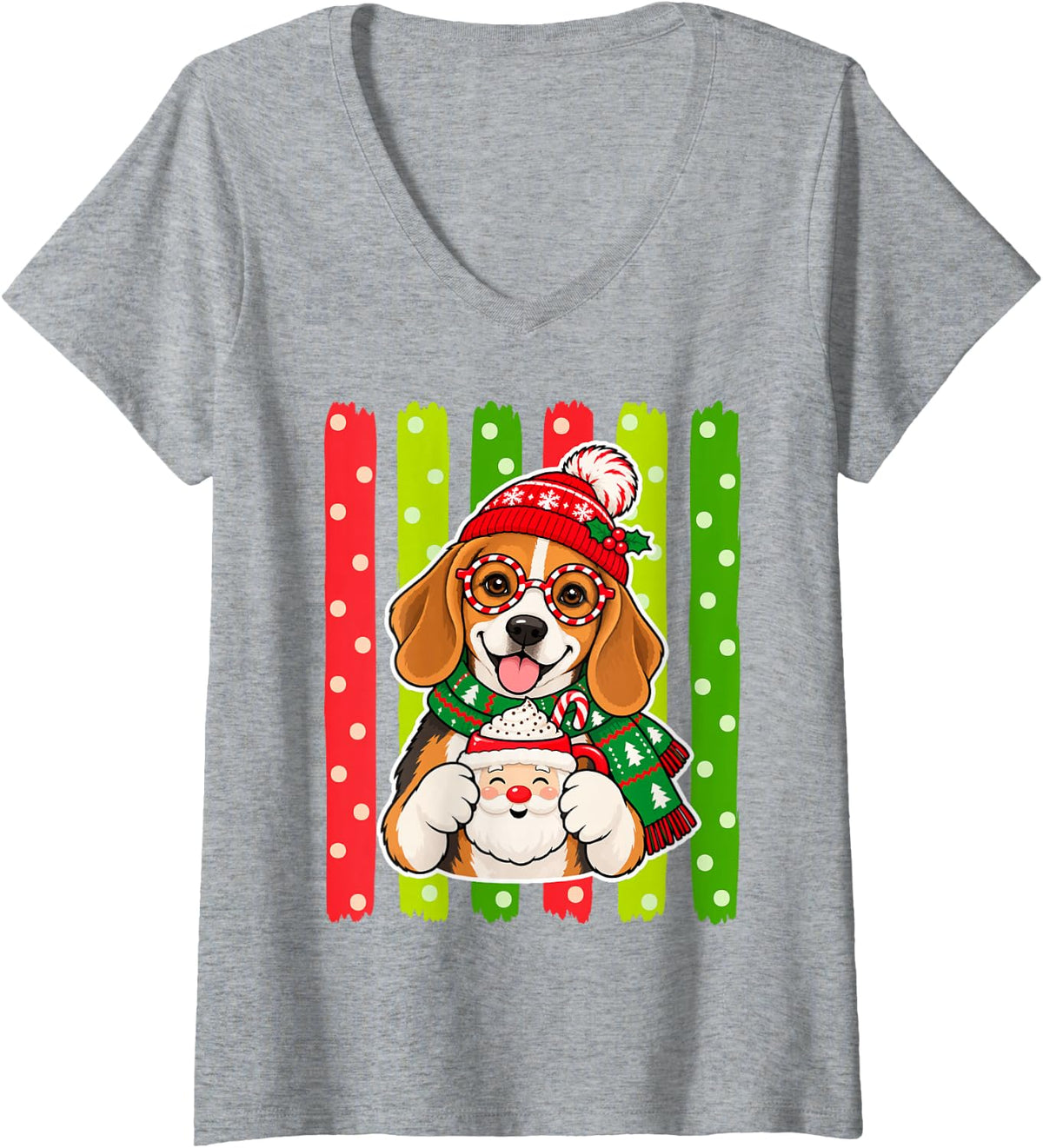 Women's Christmas Beagle with Cocoa and Santa Hat V-Neck T-Shirt - Heather Grey