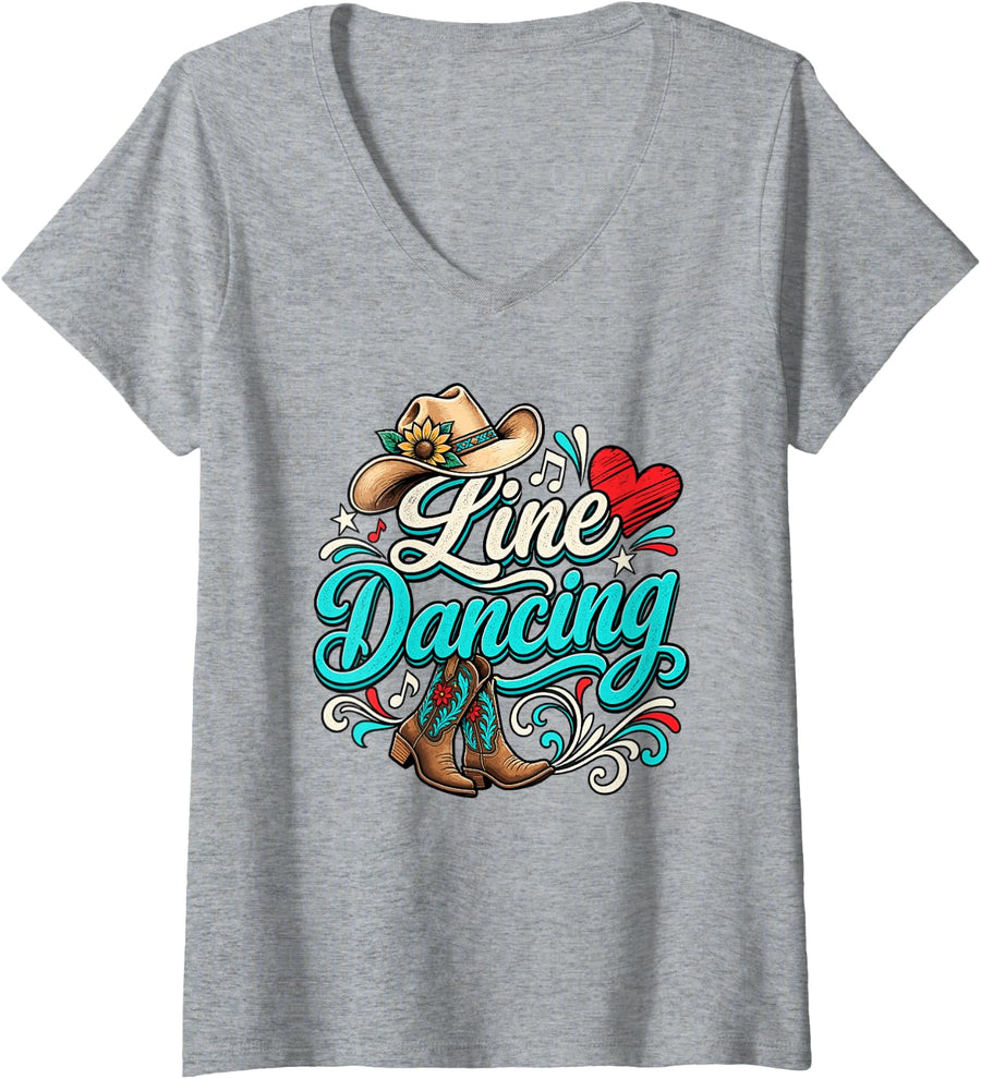 Women's Heart Line Dancing Country Dance Design V-Neck T-Shirt - Heather Grey