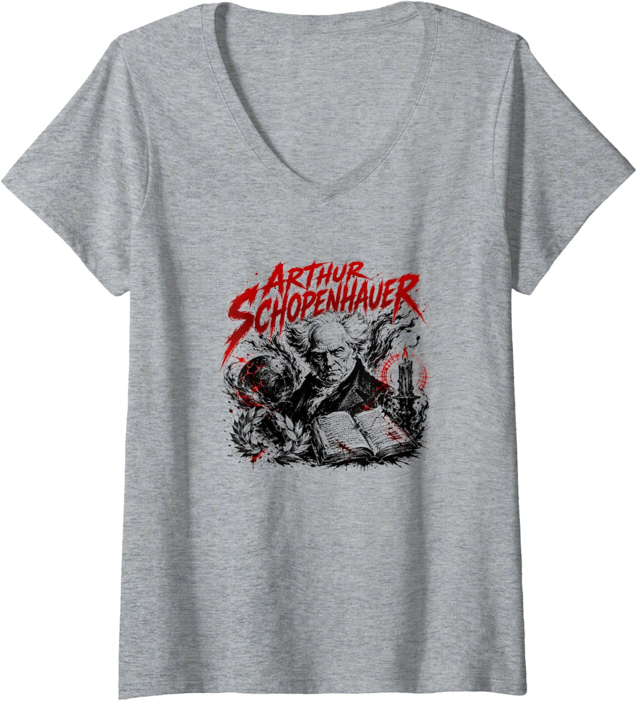Women's Arthur Schopenhauer Philosopher Reading Wisdom V-Neck T-Shirt - Heather Grey