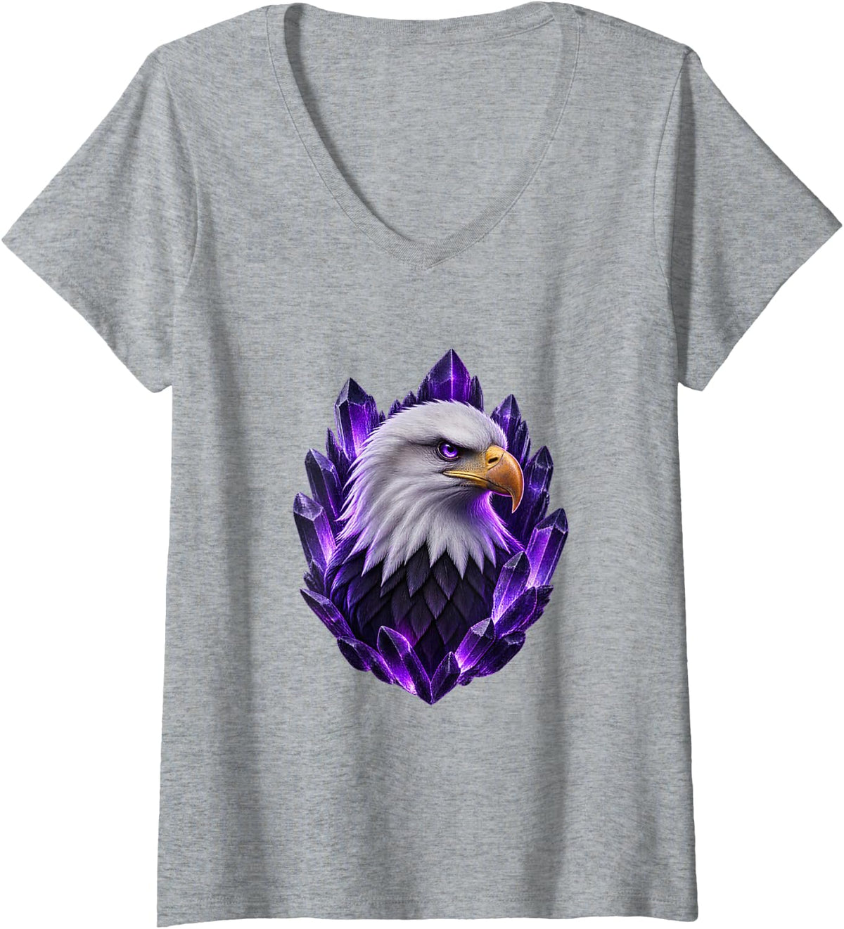Women's Bald Eagle with Violet Crystal Pillars V-Neck T-Shirt - Heather Grey