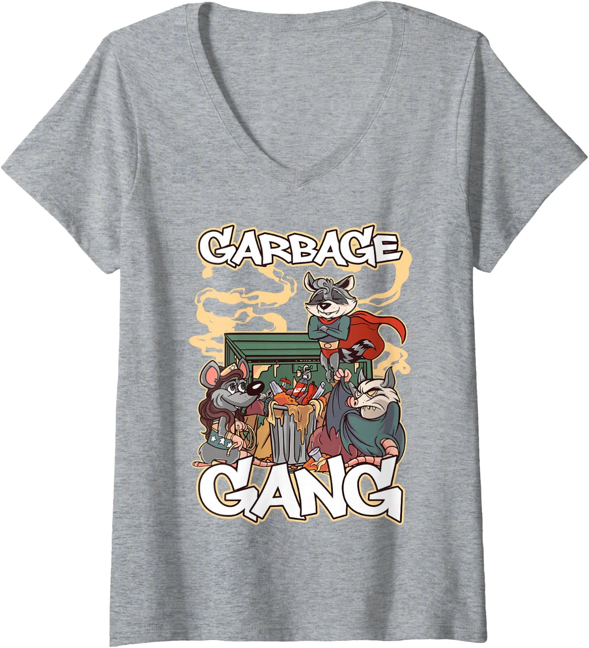 Women's Raccoon Garbage Band V-Neck T-Shirt - Heather Grey