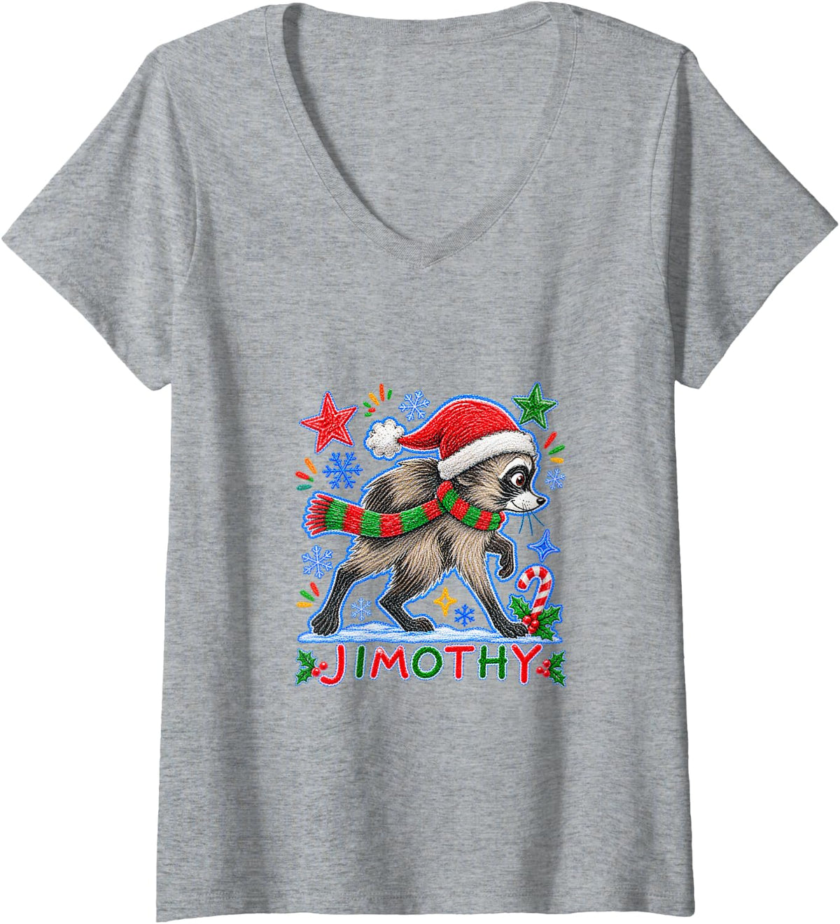 Women's Jimothy Raccoon Cute Santa Holiday Funny Christmas V-Neck T-Shirt - Heather Grey