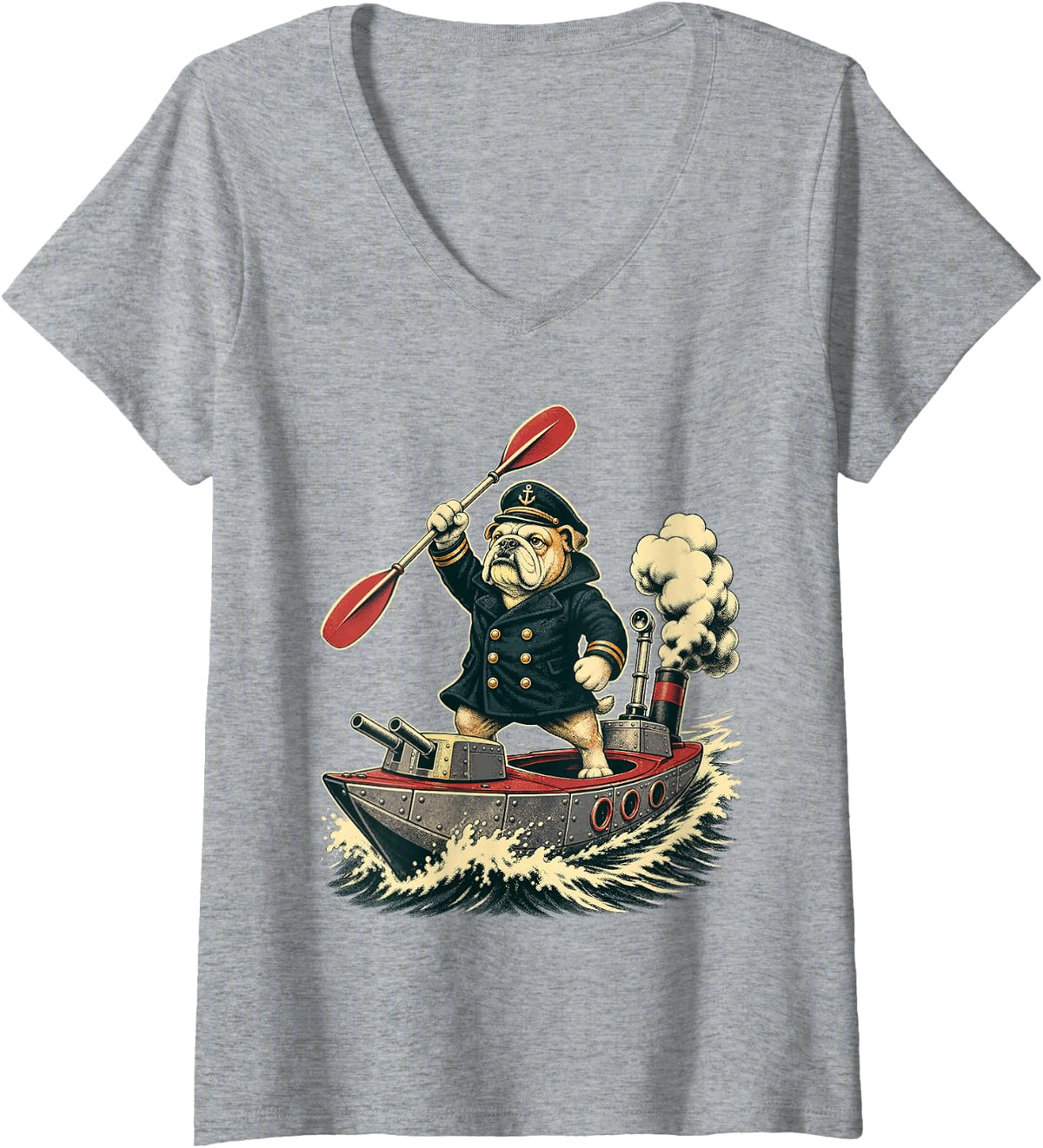 Women's Battleship Kayak Bulldog Captain Kayaking Funny V-Neck T-Shirt - Heather Grey