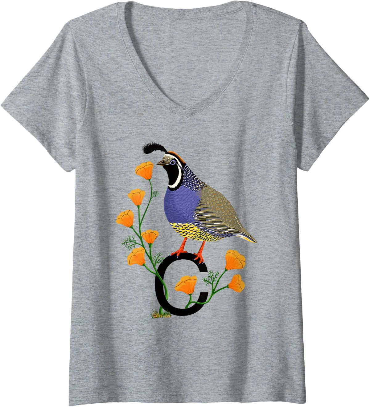 Womens California Quail State Bird Californian Poppy Flowers V-Neck T-Shirt - Heather Grey