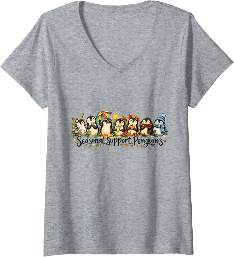 Women's Seasonal Support Penguins Cute Four Season Penguin Weather V-Neck T-Shirt - Heather Grey