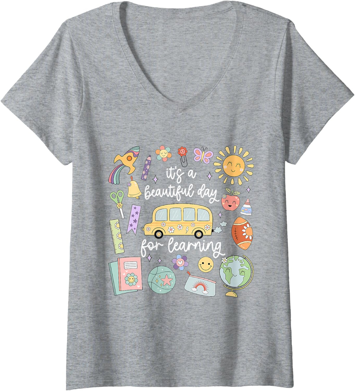 Women's It's A Beautiful Day for Learning Back to School V-Neck T-Shirt - Heather Grey
