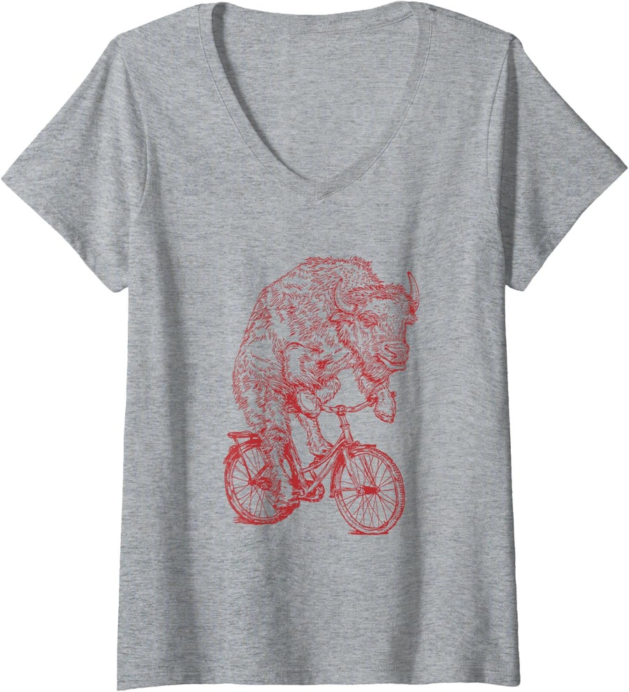 Womens Bison Cycling Bicycle Buffalo Funny Animal Riding Bike V-Neck T-Shirt - Heather Grey