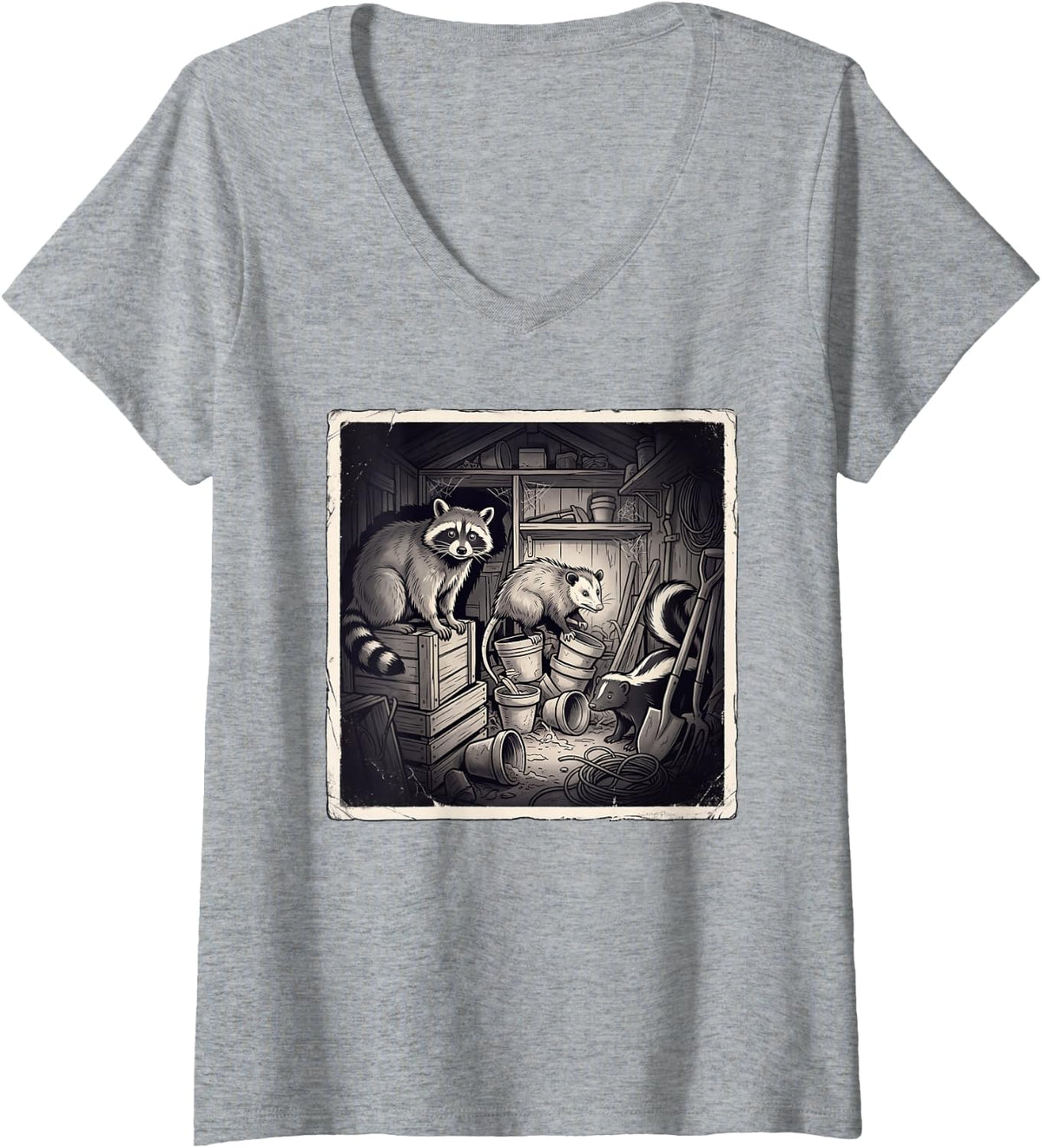 Women's Funny Raccoon Opossum Skunk Distressed Shed Scavengers V-Neck T-Shirt - Heather Grey