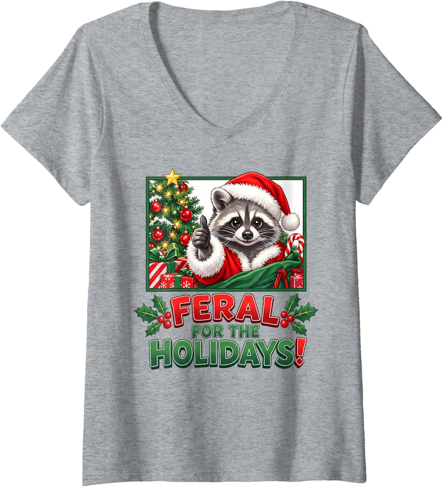 Women's Feral for The Holidays Funny Christmas Raccoon Santa Hat V-Neck T-Shirt - Heather Grey