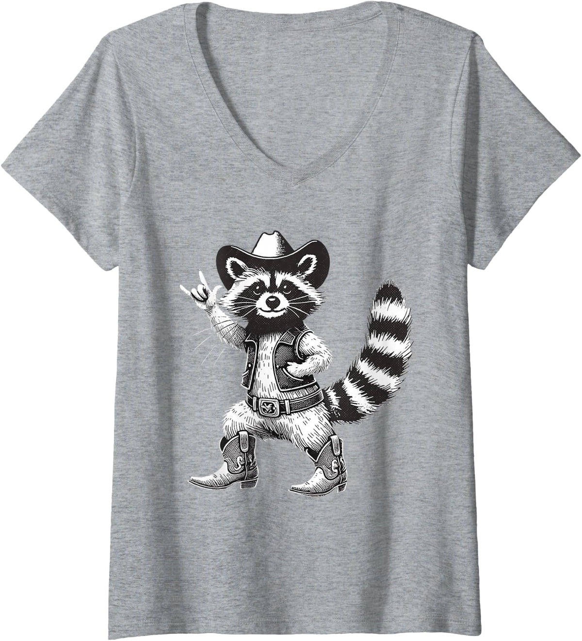 Women's Vintage Raccoon Cowboy Cowgirl Trash Panda Racoon Meme Lover V-Neck T-Shirt - Heather Grey