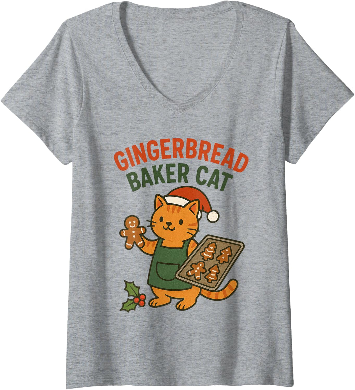 Womens Gingerbread Baker Cat Christmas Cookie Lover V-Neck T-Shirt - Heather Grey