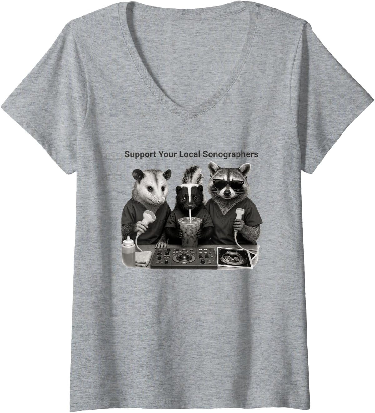 Women's Support Your Local Sonographers Raccoon Ultrasound Tech V-Neck T-Shirt - Heather Grey
