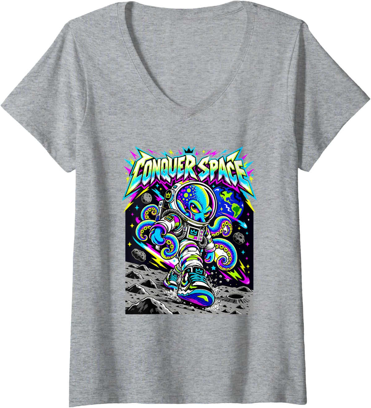 Women's Lunar Octopus Explorer Colorful Galaxy Adventure Art V-Neck T-Shirt - Heather Grey