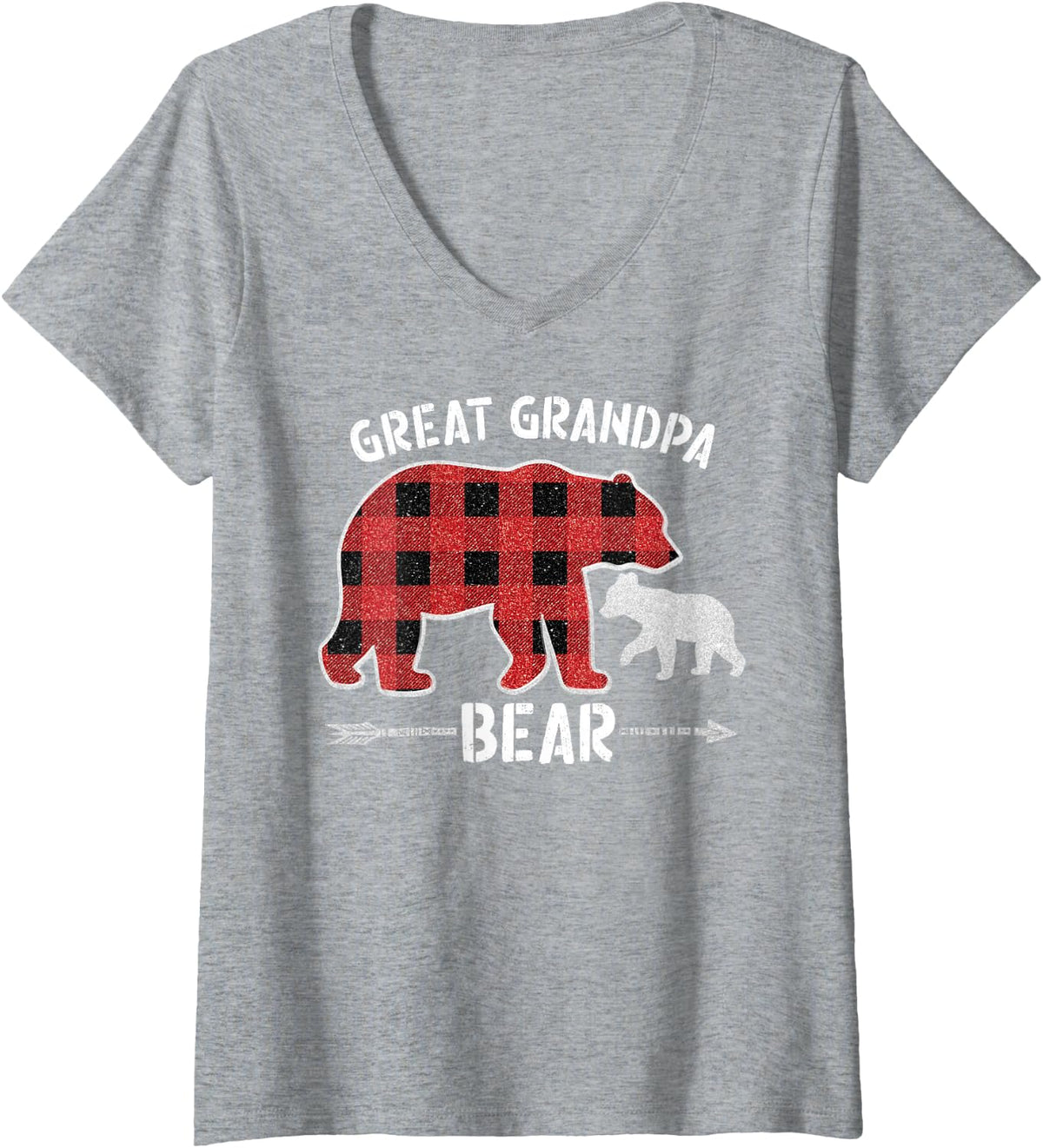 Women's Red Plaid Great Grandpa Bear Buffalo Christmas Pajama Family V-Neck T-Shirt - Heather Grey