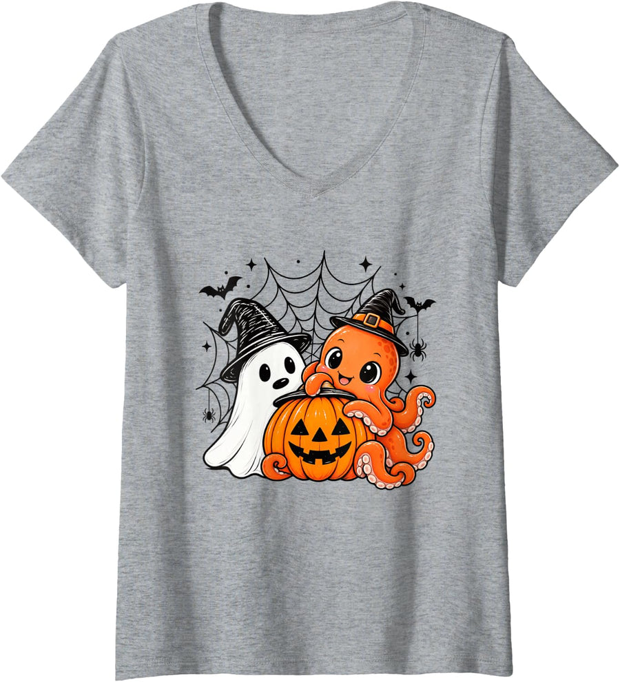 Women's Octopus Halloween Ghost Pumpkin Cute Spooky Costume V-Neck T-Shirt - Heather Grey