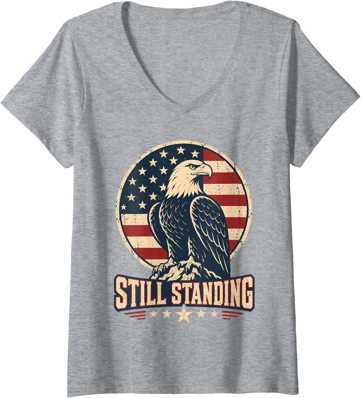 Women's American Bald Eagle Still Standing Flag Vintage V-Neck T-Shirt - Heather Grey