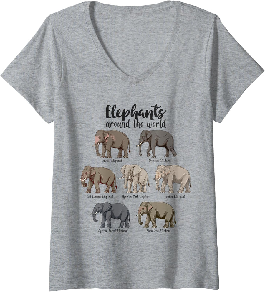 Women's Elephants Around the World V-Neck T-Shirt - Heather Grey