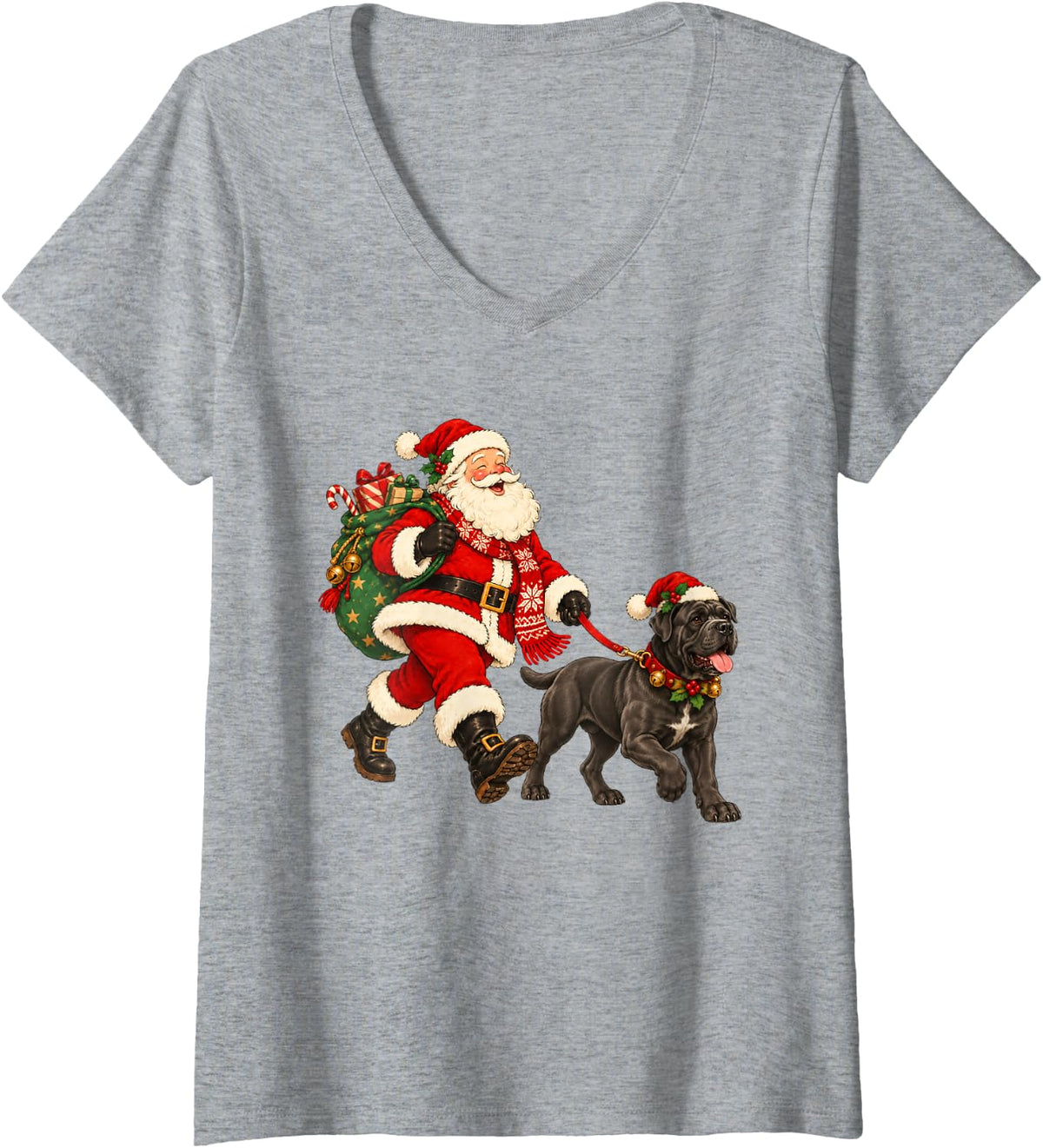 Women's Cane Corso Christmas Dog Walking with Santa Holiday Dog V-Neck T-Shirt - Heather Grey