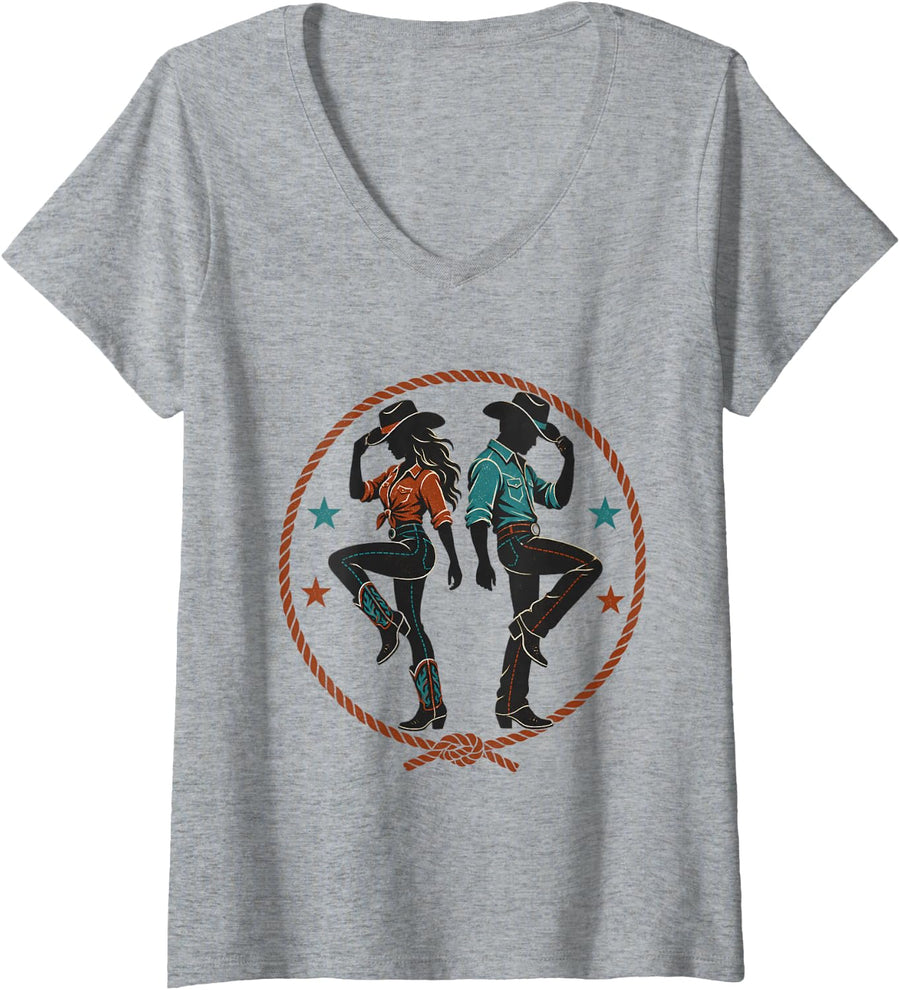 Women's Western Dance Couple Line Dance Country Boots V-Neck T-Shirt - Heather Grey