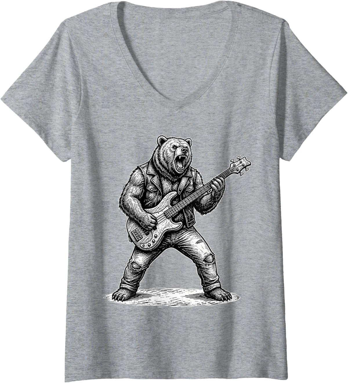 Women's Bear Bass Guitar Player Bassist Bass Guitarist Band Tee V-Neck T-Shirt - Heather Grey