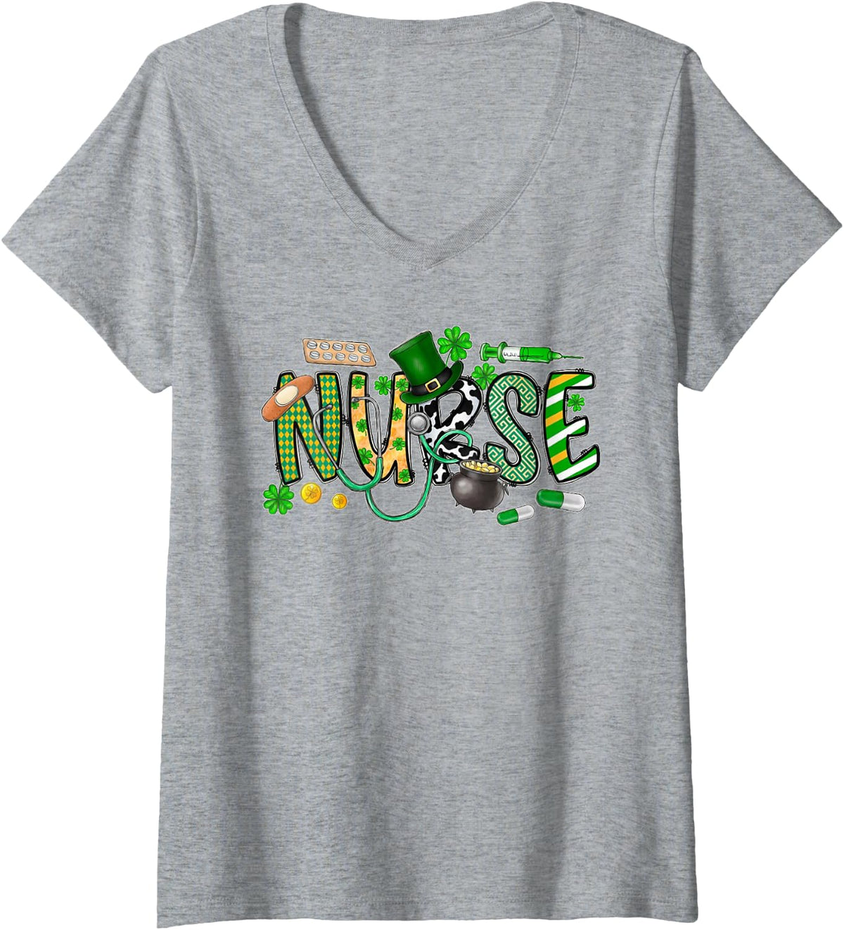 Women's Irish Nurse Stethoscope Scrub St Patricks Day Nurses Women V-Neck T-Shirt - Heather Grey
