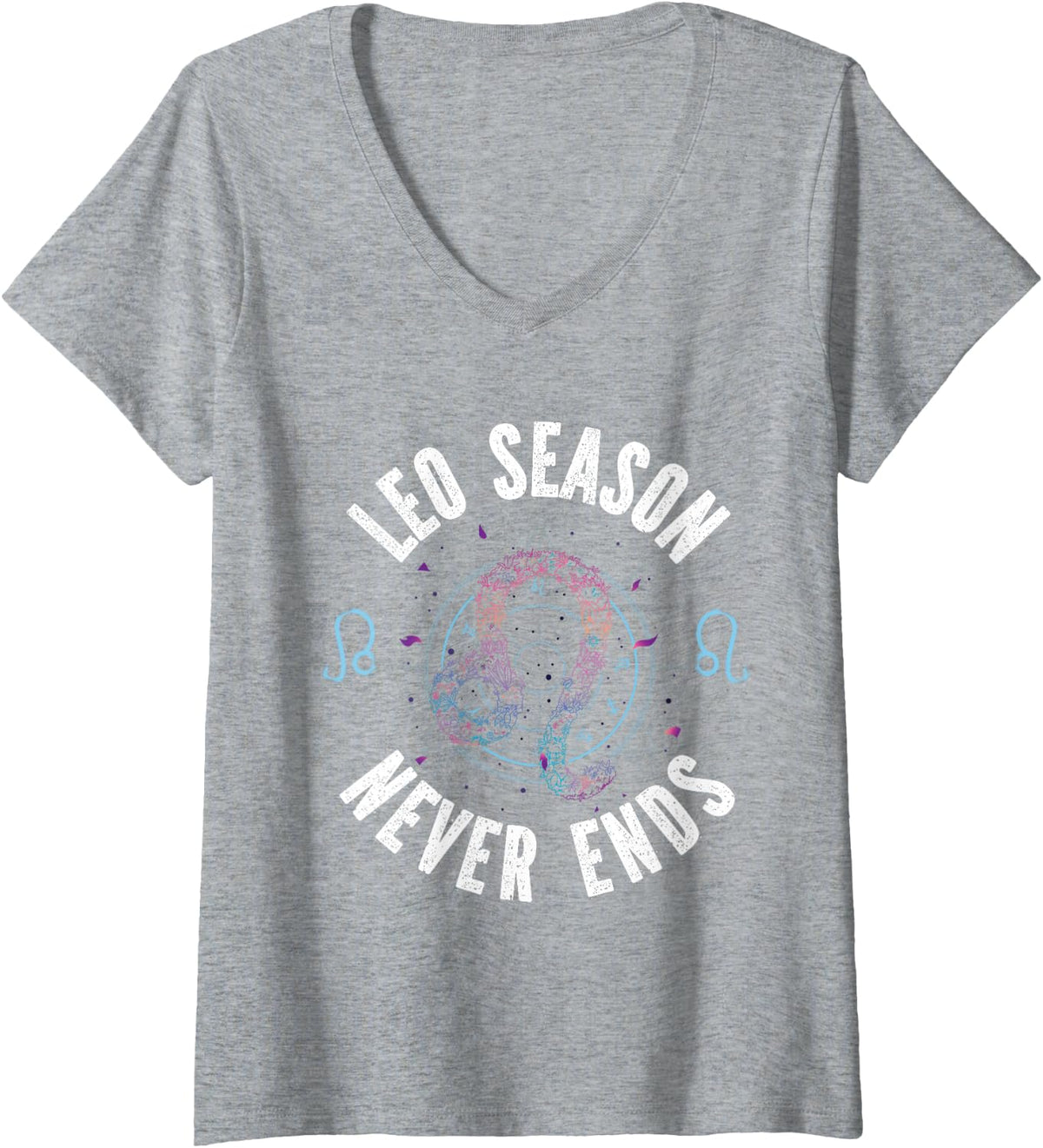 Women's Leo Zodiac: Leo Season Never Ends V-Neck T-Shirt - Heather Grey