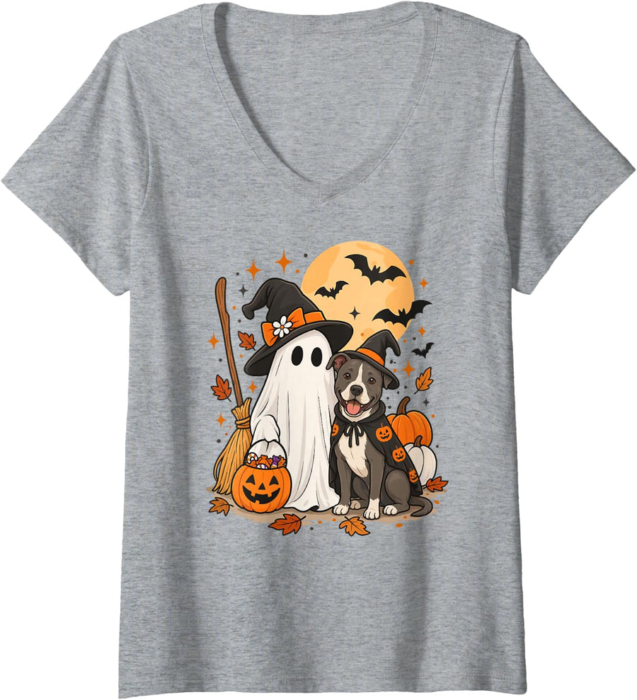 Women's American Staffordshire Terrier Ghost Witch Hat Halloween V-Neck T-Shirt - Heather Grey